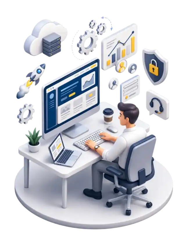 Imagen hero de servicios de diseño web y mantenimiento web para pymes y autónomos, con portátil y elementos visuales de seguridad, soporte y captación de clientes.