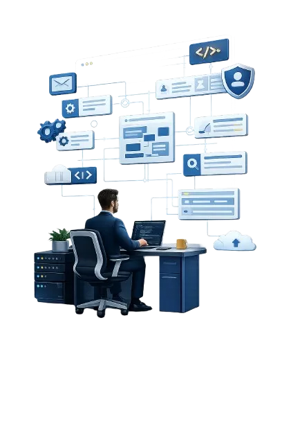 Ilustración 3D de un profesional tecnológico trabajando en una solución digital a medida con módulos conectados, integraciones, automatizaciones y paneles internos.