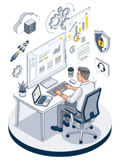 Imagen hero de servicios de diseño web y mantenimiento web para pymes y autónomos, con portátil y elementos visuales de seguridad, soporte y captación de clientes.