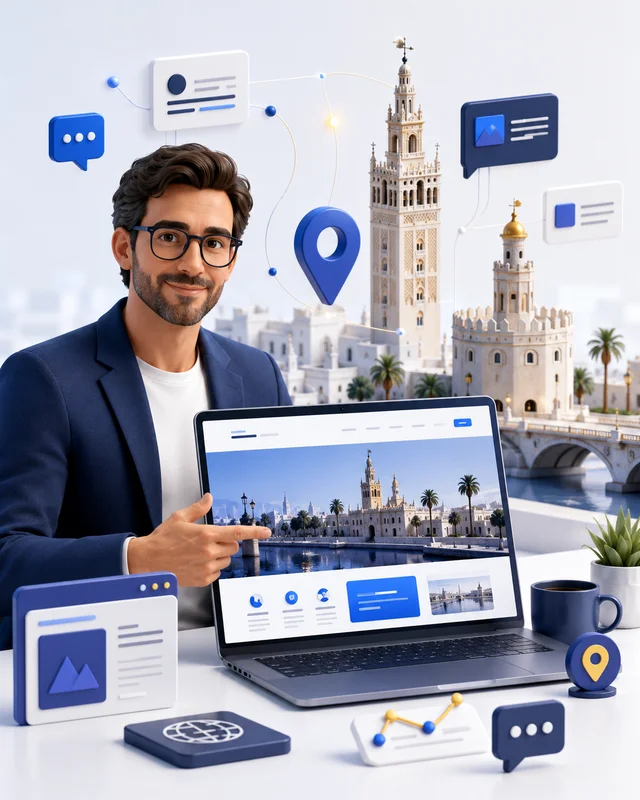 DISEÑO WEB SEVILLA - diseño web Sevilla Profesional mostrando una página web en un portátil con una composición visual inspirada en Sevilla, incluyendo elementos digitales y monumentos representativos de la ciudad.