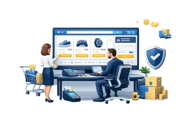 Ilustración 3D de dos profesionales revisando una tienda online moderna con catálogo de productos, carrito, pago seguro, pedidos y elementos de ecommerce.