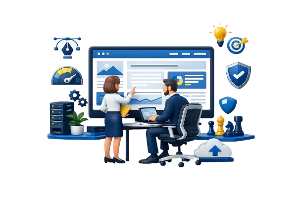 Ilustración 3D corporativa de un hombre y una mujer revisando una página web en una pantalla grande con iconos de diseño, seguridad, velocidad y estrategia digital.