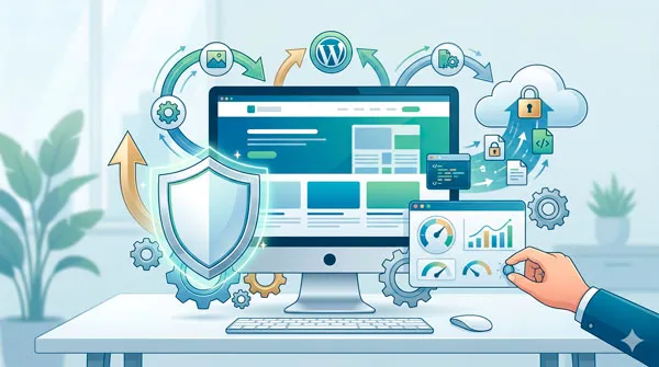Ilustración de una web WordPress en proceso de mantenimiento, con iconos de seguridad, actualizaciones, copias de seguridad y optimización.