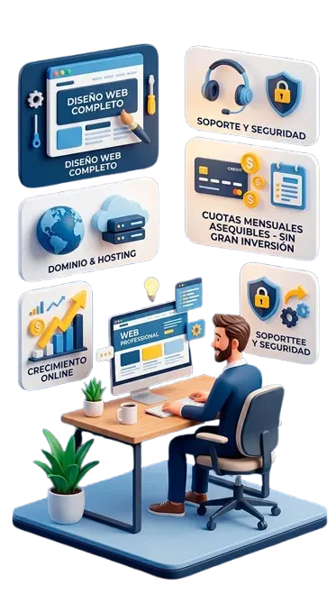 Ilustración de una persona gestionando una página web profesional con servicio de renting web, incluyendo dominio, hosting, soporte y mantenimiento.