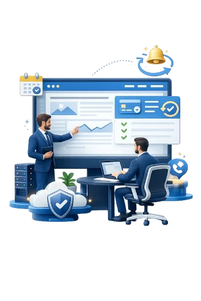 Ilustración 3D vertical de un profesional asesorando a un cliente sobre una solución web con modelo de cuota mensual, mantenimiento, soporte, alojamiento y servicio continuo.