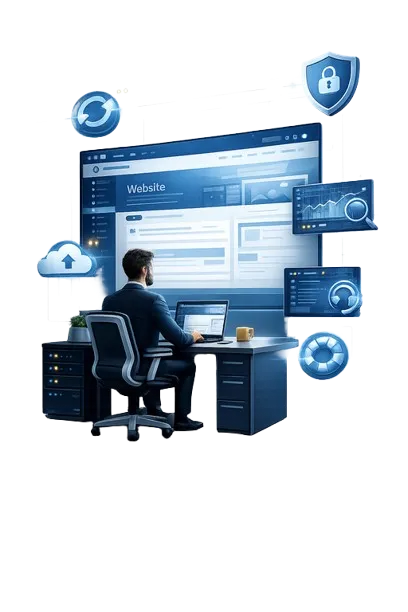 Ilustración 3D vertical de un técnico supervisando una página web WordPress con iconos de seguridad, copias de seguridad, actualización, monitorización y soporte técnico.