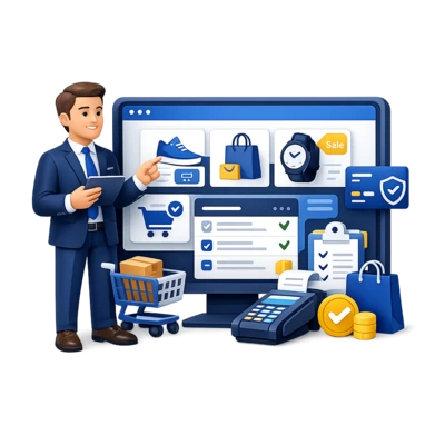 DISEÑO WEB SEVILLA - diseño web Sevilla Ilustración 3D de un profesional gestionando una tienda online con productos, carrito, pagos, pedidos y elementos de comercio electrónico.