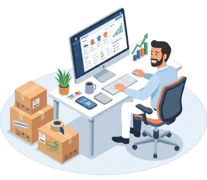 Ilustración de una persona gestionando una tienda online desde un ordenador, con productos, pedidos y elementos de comercio electrónico.