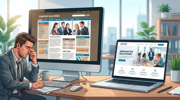 Ilustración de una web de empresa con diseño antiguo y poco profesional frente a una versión más actual y cuidada.
