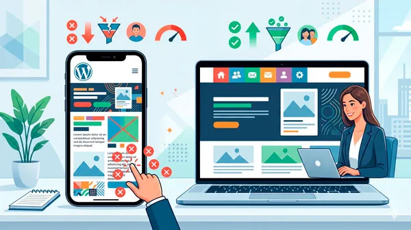 Ilustración de una web WordPress mal adaptada al móvil, con contenido desordenado y mala experiencia de usuario en smartphone.