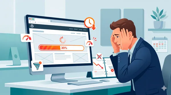 Ilustración de una web WordPress cargando lentamente en un ordenador, mostrando problemas de rendimiento y pérdida de oportunidades de negocio.