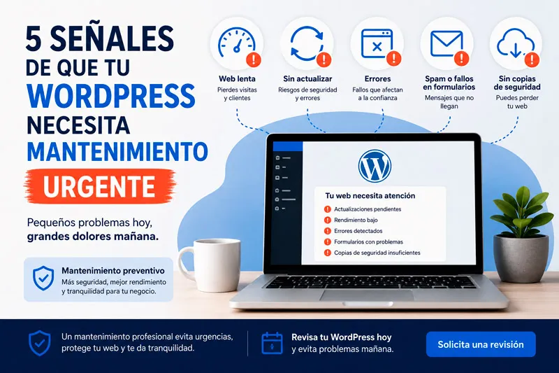 Infografía sobre 5 señales de que una web WordPress necesita mantenimiento urgente, como lentitud, errores, spam, falta de actualizaciones y copias de seguridad.